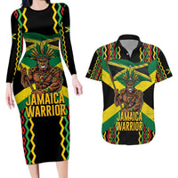 Jamaica Warrior Spirit Couples Matching Long Sleeve Bodycon Dress and Hawaiian Shirt Tribal Fighter in Reggae Colors - Wonder Print Shop