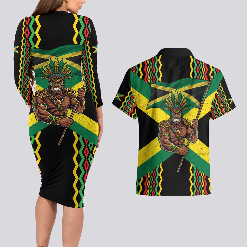 Jamaica Warrior Spirit Couples Matching Long Sleeve Bodycon Dress and Hawaiian Shirt Tribal Fighter in Reggae Colors - Wonder Print Shop