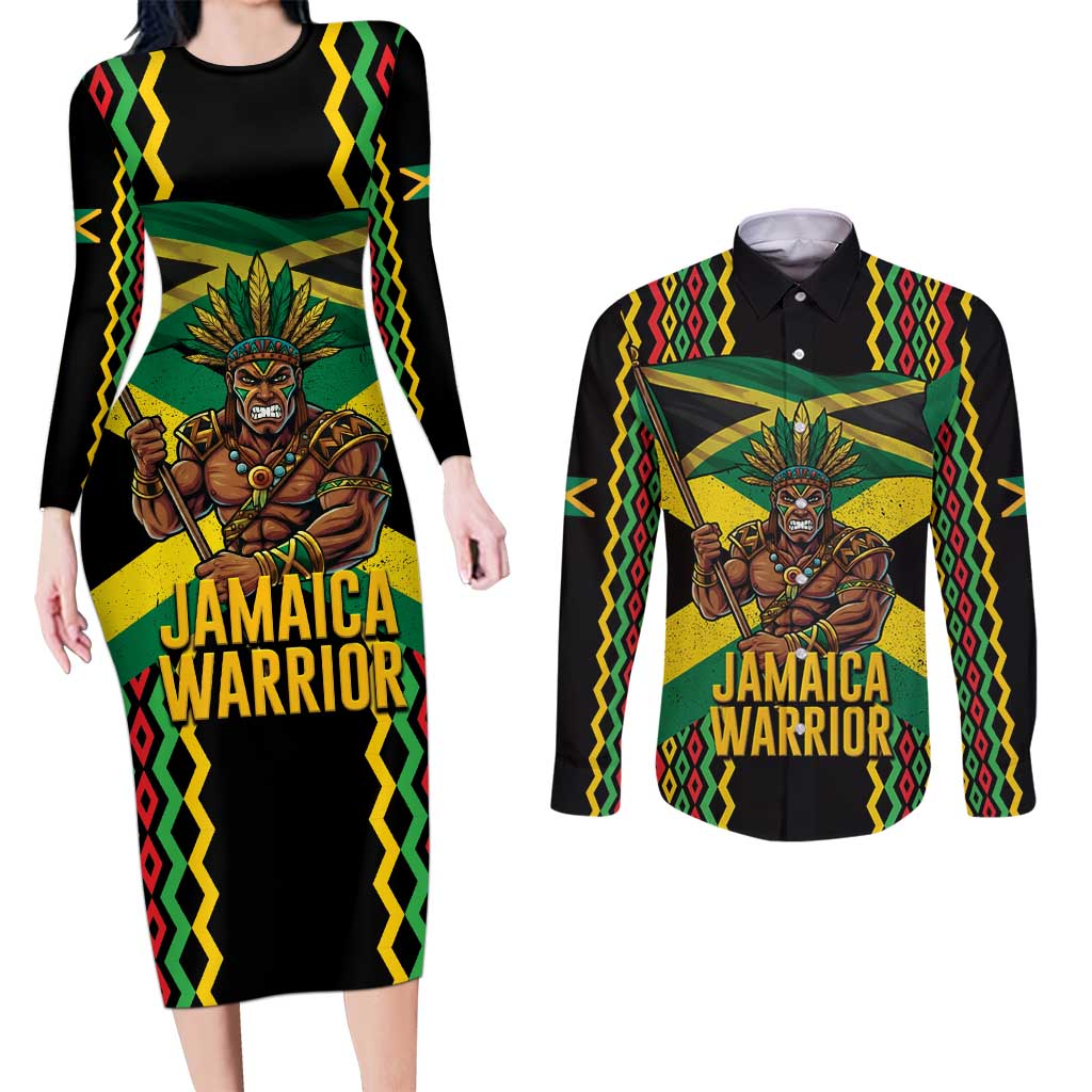 Jamaica Warrior Spirit Couples Matching Long Sleeve Bodycon Dress and Long Sleeve Button Shirt Tribal Fighter in Reggae Colors - Wonder Print Shop