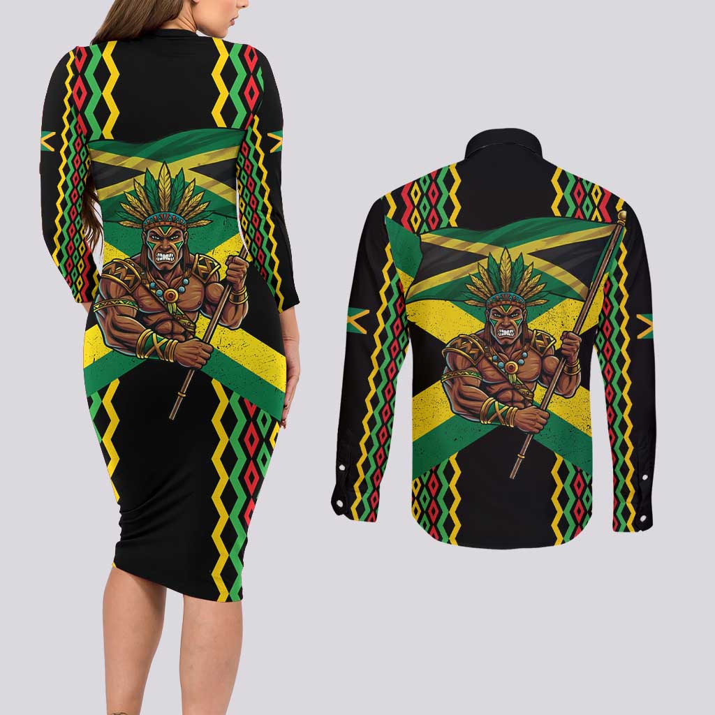 Jamaica Warrior Spirit Couples Matching Long Sleeve Bodycon Dress and Long Sleeve Button Shirt Tribal Fighter in Reggae Colors - Wonder Print Shop