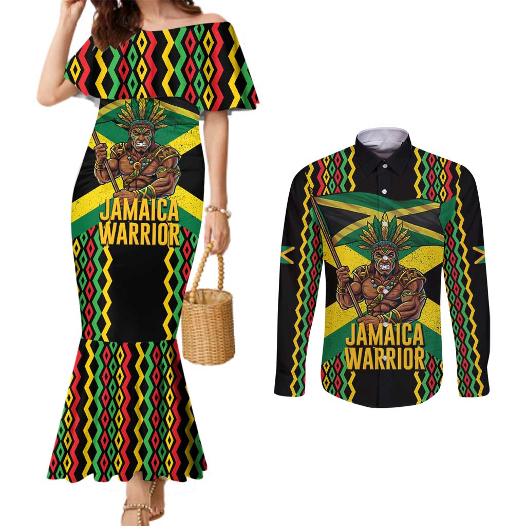 Jamaica Warrior Spirit Couples Matching Mermaid Dress and Long Sleeve Button Shirt Tribal Fighter in Reggae Colors - Wonder Print Shop