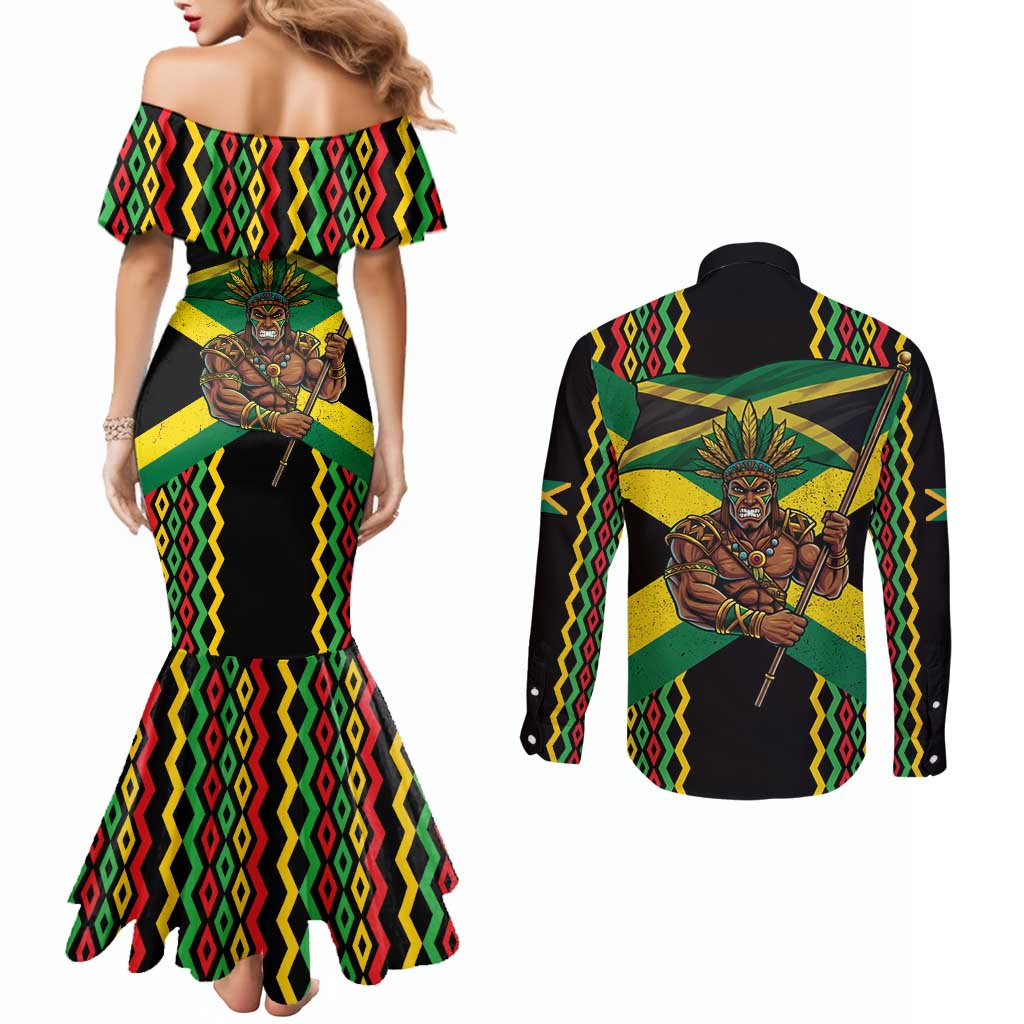 Jamaica Warrior Spirit Couples Matching Mermaid Dress and Long Sleeve Button Shirt Tribal Fighter in Reggae Colors - Wonder Print Shop