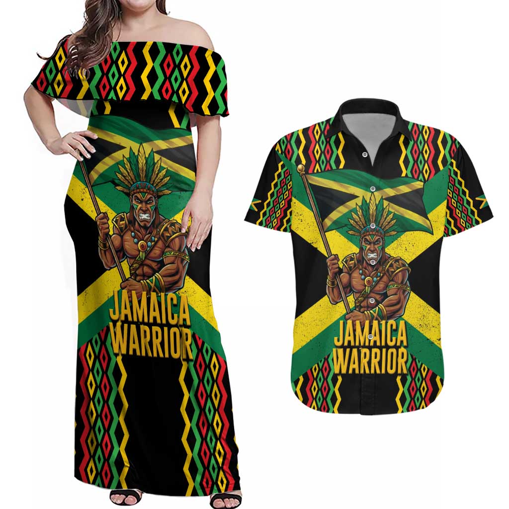 Jamaica Warrior Spirit Couples Matching Off Shoulder Maxi Dress and Hawaiian Shirt Tribal Fighter in Reggae Colors - Wonder Print Shop