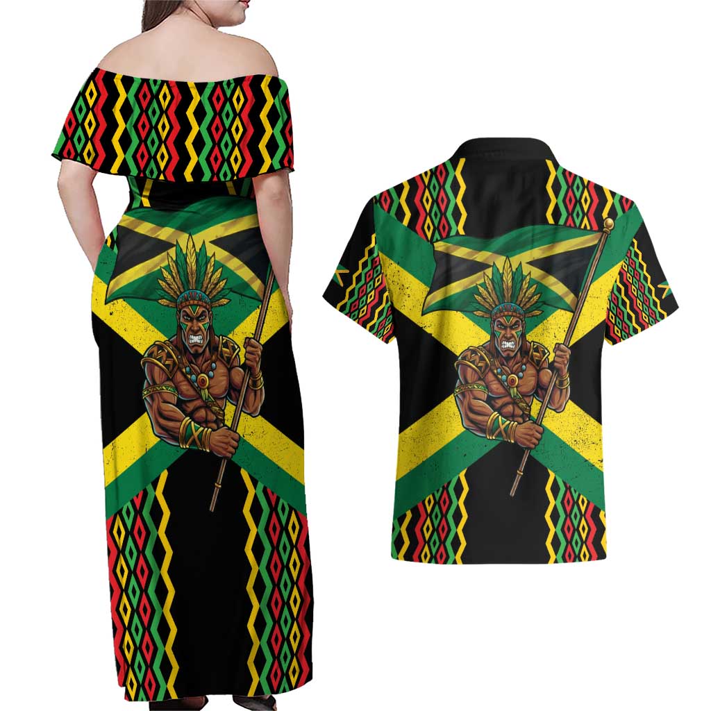 Jamaica Warrior Spirit Couples Matching Off Shoulder Maxi Dress and Hawaiian Shirt Tribal Fighter in Reggae Colors - Wonder Print Shop