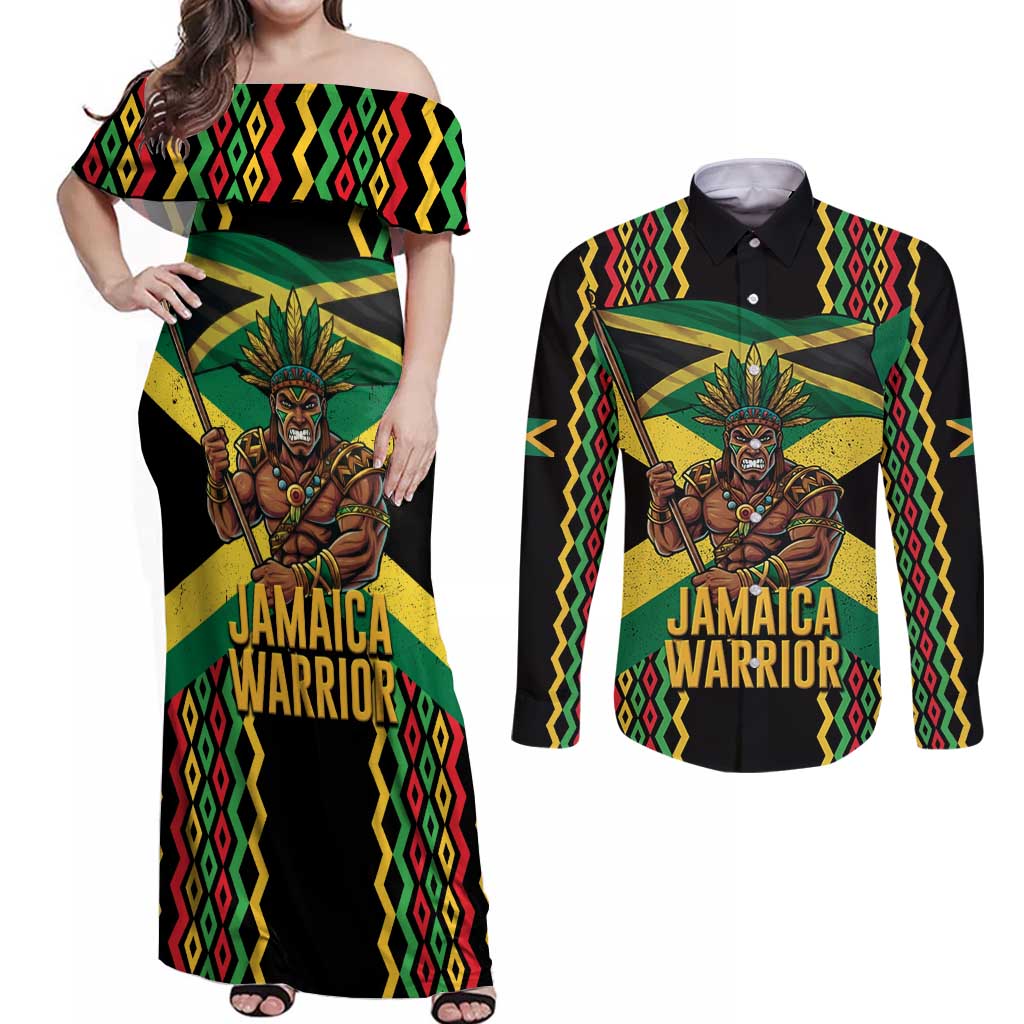 Jamaica Warrior Spirit Couples Matching Off Shoulder Maxi Dress and Long Sleeve Button Shirt Tribal Fighter in Reggae Colors - Wonder Print Shop