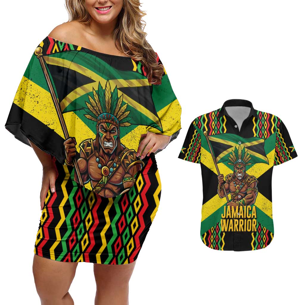 Jamaica Warrior Spirit Couples Matching Off Shoulder Short Dress and Hawaiian Shirt Tribal Fighter in Reggae Colors - Wonder Print Shop
