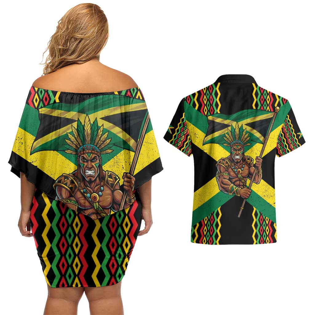 Jamaica Warrior Spirit Couples Matching Off Shoulder Short Dress and Hawaiian Shirt Tribal Fighter in Reggae Colors - Wonder Print Shop