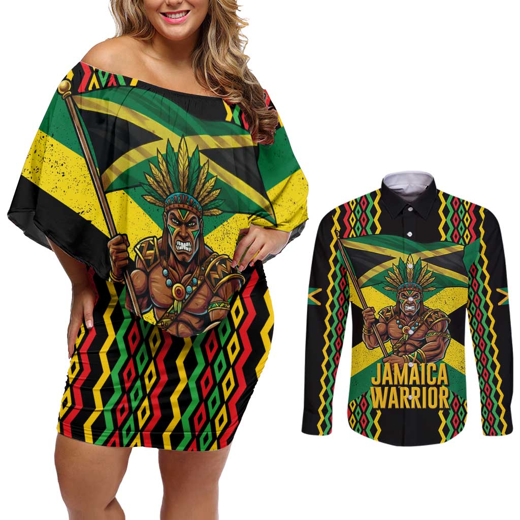 Jamaica Warrior Spirit Couples Matching Off Shoulder Short Dress and Long Sleeve Button Shirt Tribal Fighter in Reggae Colors - Wonder Print Shop