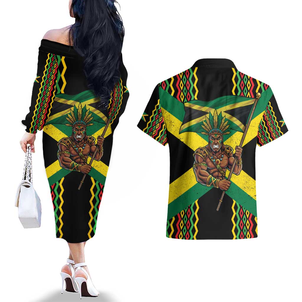 Jamaica Warrior Spirit Couples Matching Off The Shoulder Long Sleeve Dress and Hawaiian Shirt Tribal Fighter in Reggae Colors - Wonder Print Shop