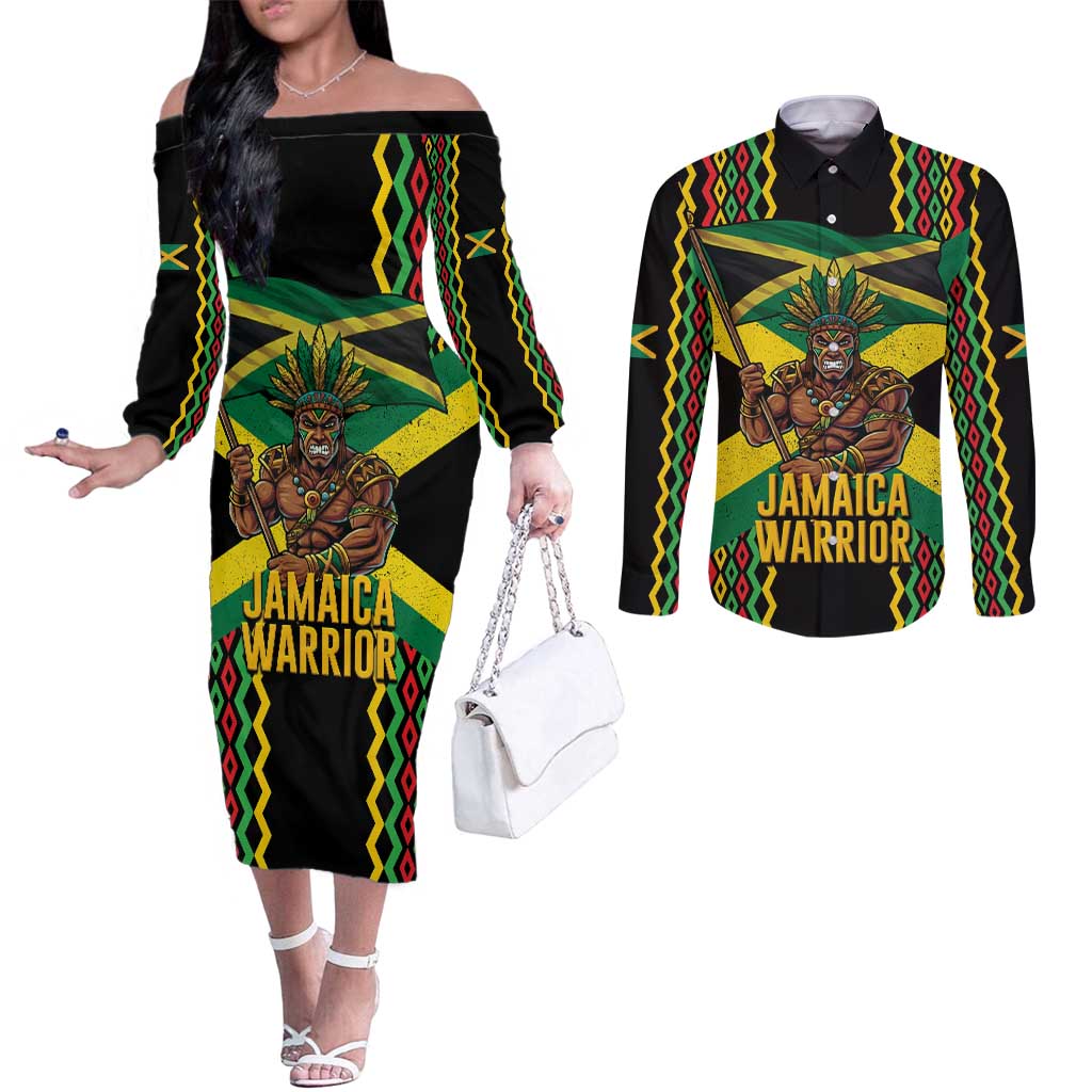 Jamaica Warrior Spirit Couples Matching Off The Shoulder Long Sleeve Dress and Long Sleeve Button Shirt Tribal Fighter in Reggae Colors - Wonder Print Shop