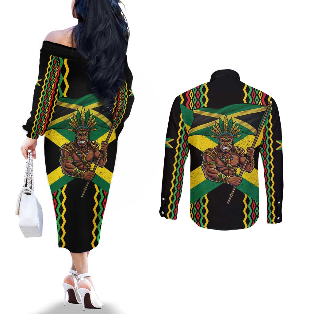 Jamaica Warrior Spirit Couples Matching Off The Shoulder Long Sleeve Dress and Long Sleeve Button Shirt Tribal Fighter in Reggae Colors - Wonder Print Shop