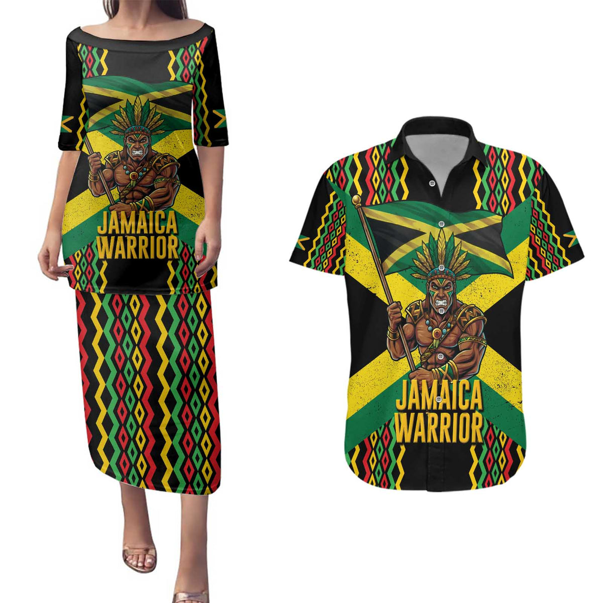 Jamaica Warrior Spirit Couples Matching Puletasi and Hawaiian Shirt Tribal Fighter in Reggae Colors - Wonder Print Shop