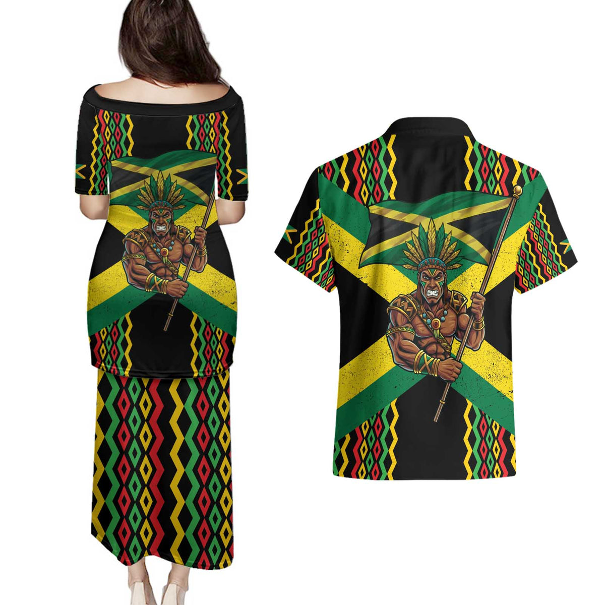 Jamaica Warrior Spirit Couples Matching Puletasi and Hawaiian Shirt Tribal Fighter in Reggae Colors - Wonder Print Shop