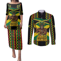 Jamaica Warrior Spirit Couples Matching Puletasi and Long Sleeve Button Shirt Tribal Fighter in Reggae Colors - Wonder Print Shop