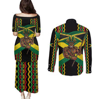 Jamaica Warrior Spirit Couples Matching Puletasi and Long Sleeve Button Shirt Tribal Fighter in Reggae Colors - Wonder Print Shop