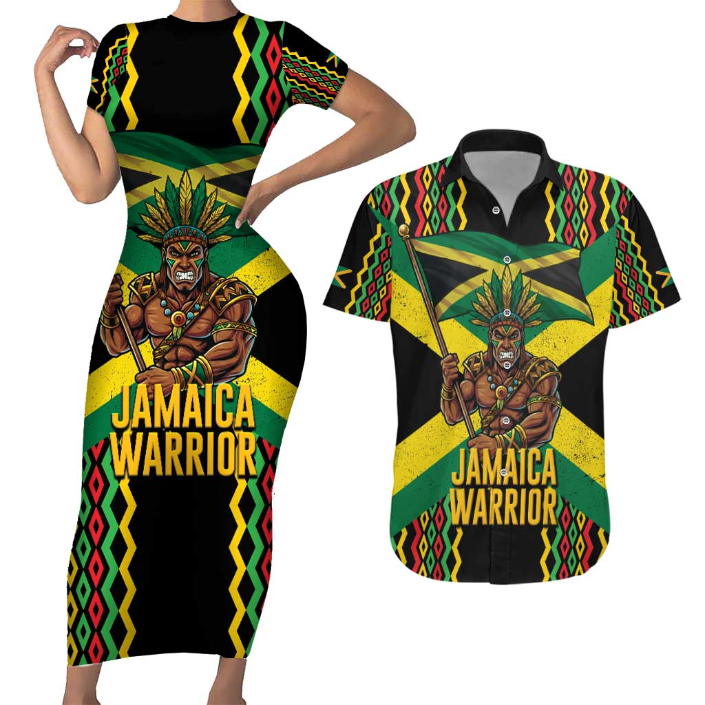 Jamaica Warrior Spirit Couples Matching Short Sleeve Bodycon Dress and Hawaiian Shirt Tribal Fighter in Reggae Colors - Wonder Print Shop