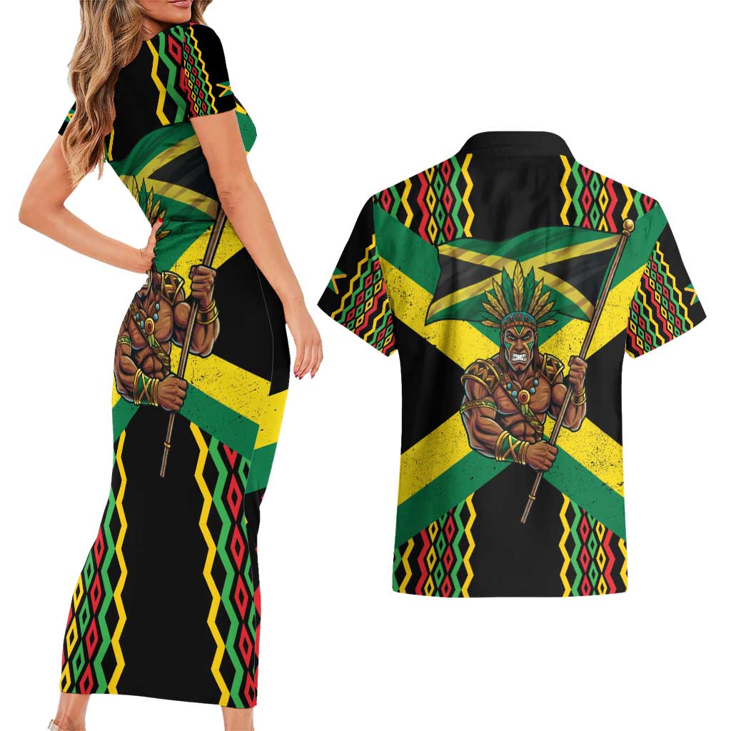 Jamaica Warrior Spirit Couples Matching Short Sleeve Bodycon Dress and Hawaiian Shirt Tribal Fighter in Reggae Colors - Wonder Print Shop