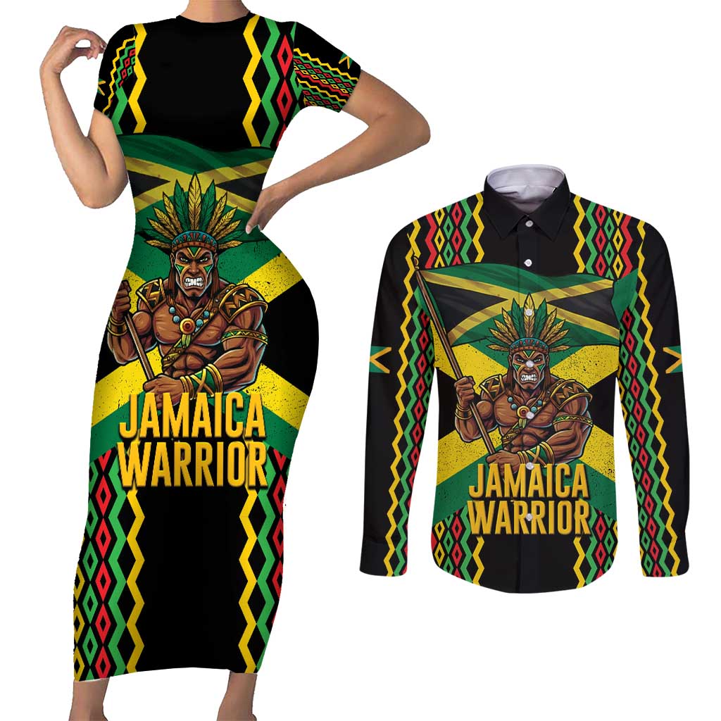 Jamaica Warrior Spirit Couples Matching Short Sleeve Bodycon Dress and Long Sleeve Button Shirt Tribal Fighter in Reggae Colors - Wonder Print Shop