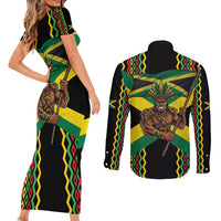 Jamaica Warrior Spirit Couples Matching Short Sleeve Bodycon Dress and Long Sleeve Button Shirt Tribal Fighter in Reggae Colors - Wonder Print Shop