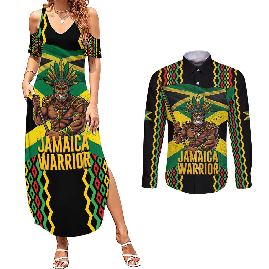 Jamaica Warrior Spirit Couples Matching Summer Maxi Dress and Long Sleeve Button Shirt Tribal Fighter in Reggae Colors - Wonder Print Shop