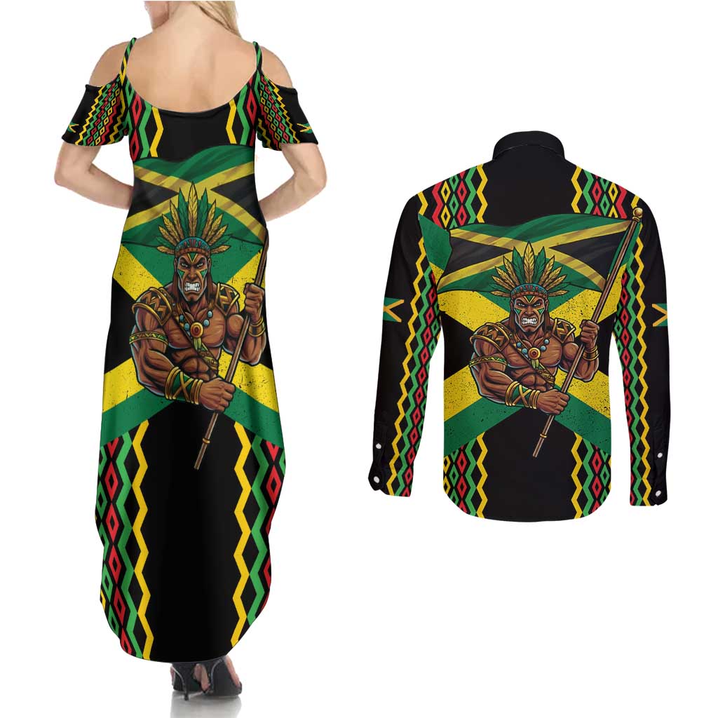Jamaica Warrior Spirit Couples Matching Summer Maxi Dress and Long Sleeve Button Shirt Tribal Fighter in Reggae Colors - Wonder Print Shop