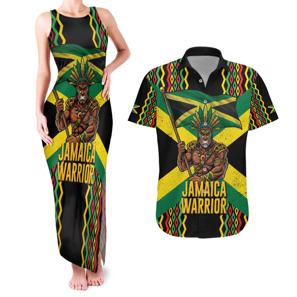 Jamaica Warrior Spirit Couples Matching Tank Maxi Dress and Hawaiian Shirt Tribal Fighter in Reggae Colors - Wonder Print Shop