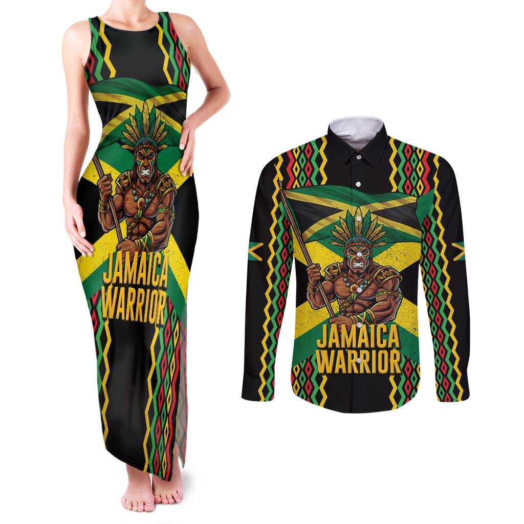 Jamaica Warrior Spirit Couples Matching Tank Maxi Dress and Long Sleeve Button Shirt Tribal Fighter in Reggae Colors - Wonder Print Shop