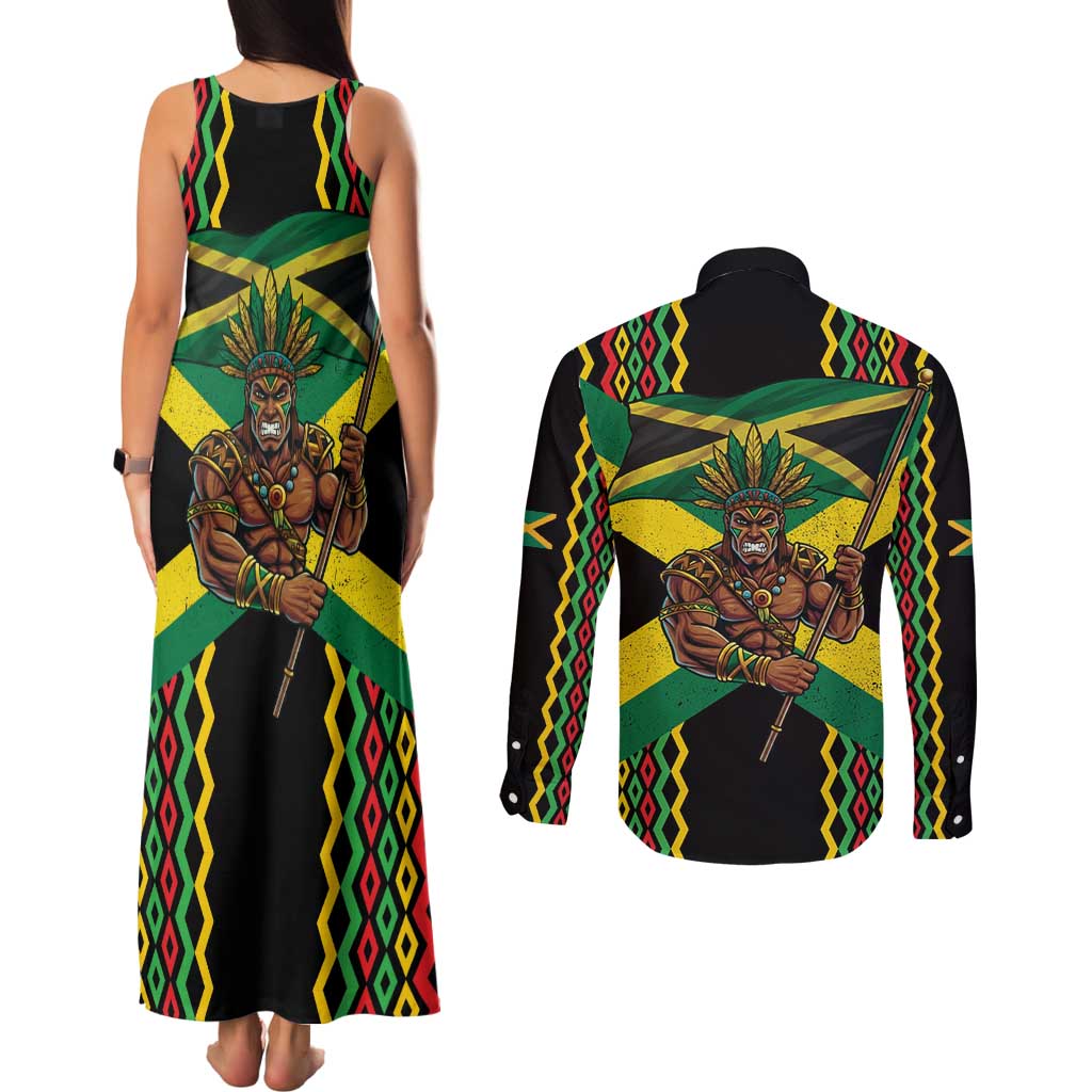 Jamaica Warrior Spirit Couples Matching Tank Maxi Dress and Long Sleeve Button Shirt Tribal Fighter in Reggae Colors - Wonder Print Shop