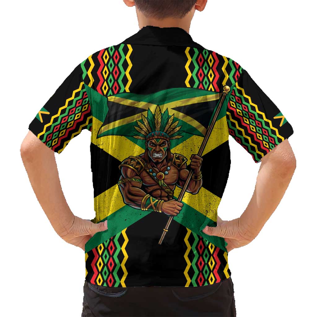 Jamaica Warrior Spirit Family Matching Long Sleeve Bodycon Dress and Hawaiian Shirt Tribal Fighter in Reggae Colors - Wonder Print Shop