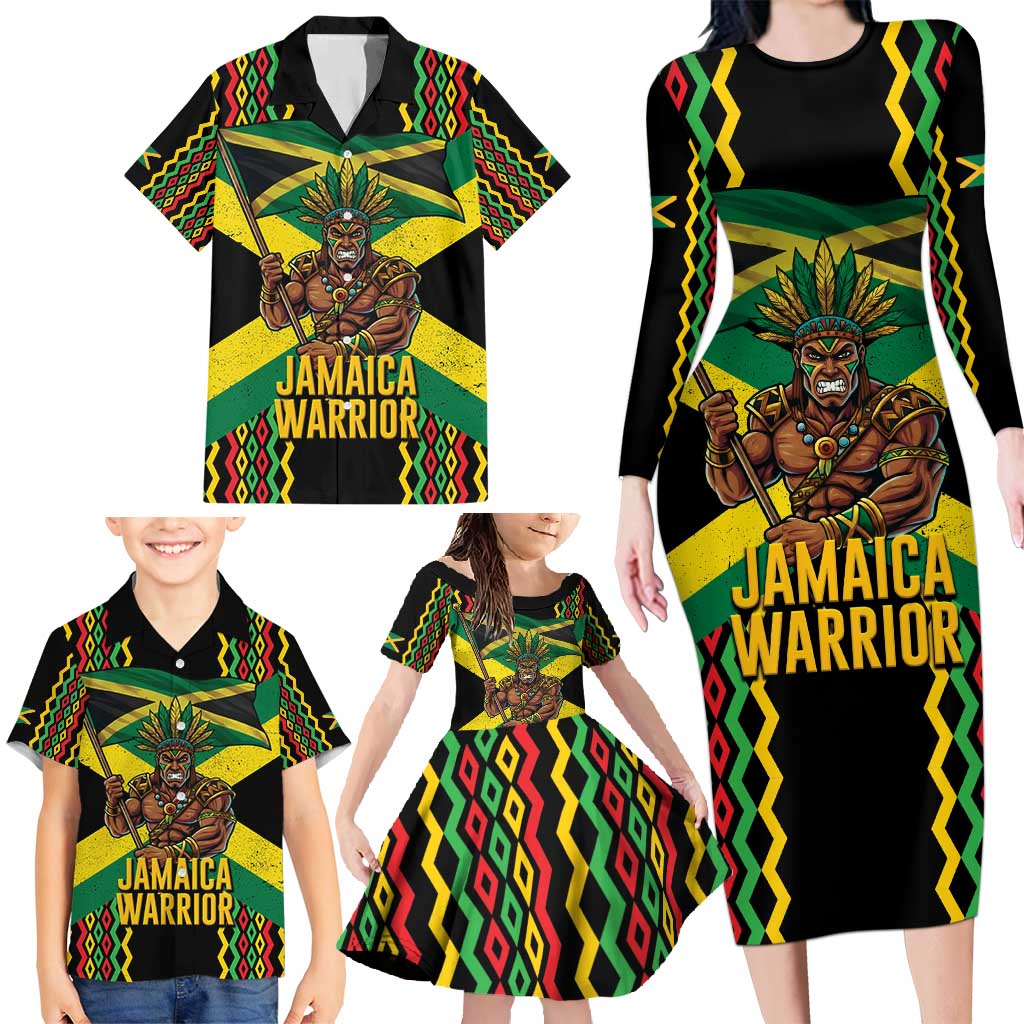 Jamaica Warrior Spirit Family Matching Long Sleeve Bodycon Dress and Hawaiian Shirt Tribal Fighter in Reggae Colors - Wonder Print Shop