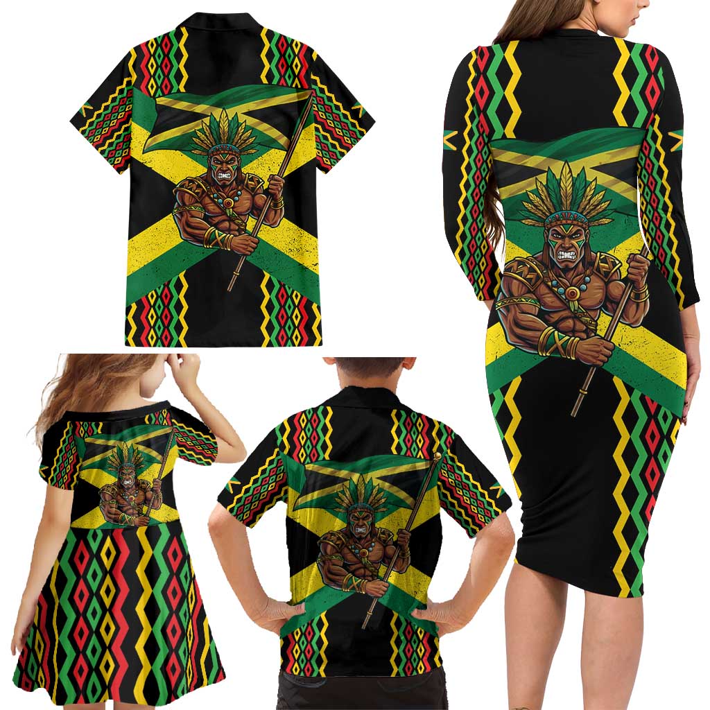 Jamaica Warrior Spirit Family Matching Long Sleeve Bodycon Dress and Hawaiian Shirt Tribal Fighter in Reggae Colors - Wonder Print Shop