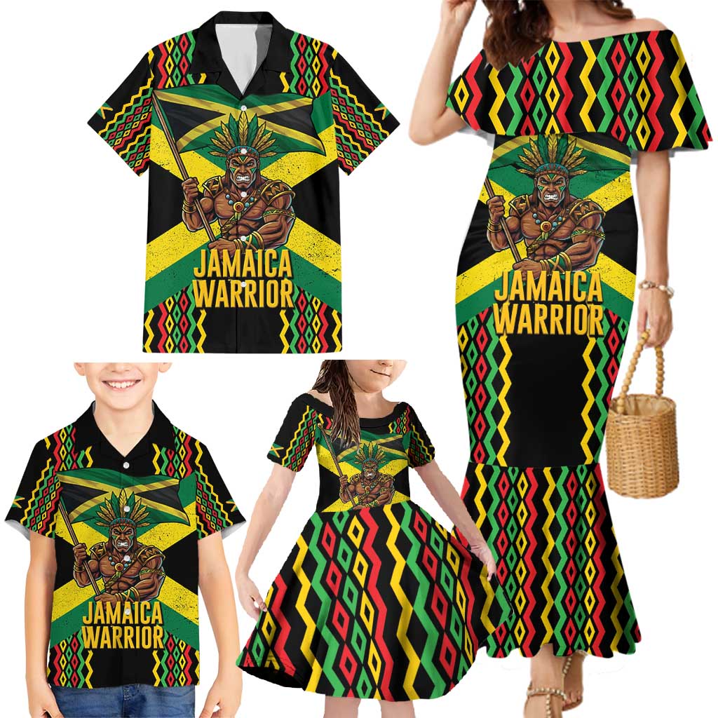 Jamaica Warrior Spirit Family Matching Mermaid Dress and Hawaiian Shirt Tribal Fighter in Reggae Colors - Wonder Print Shop