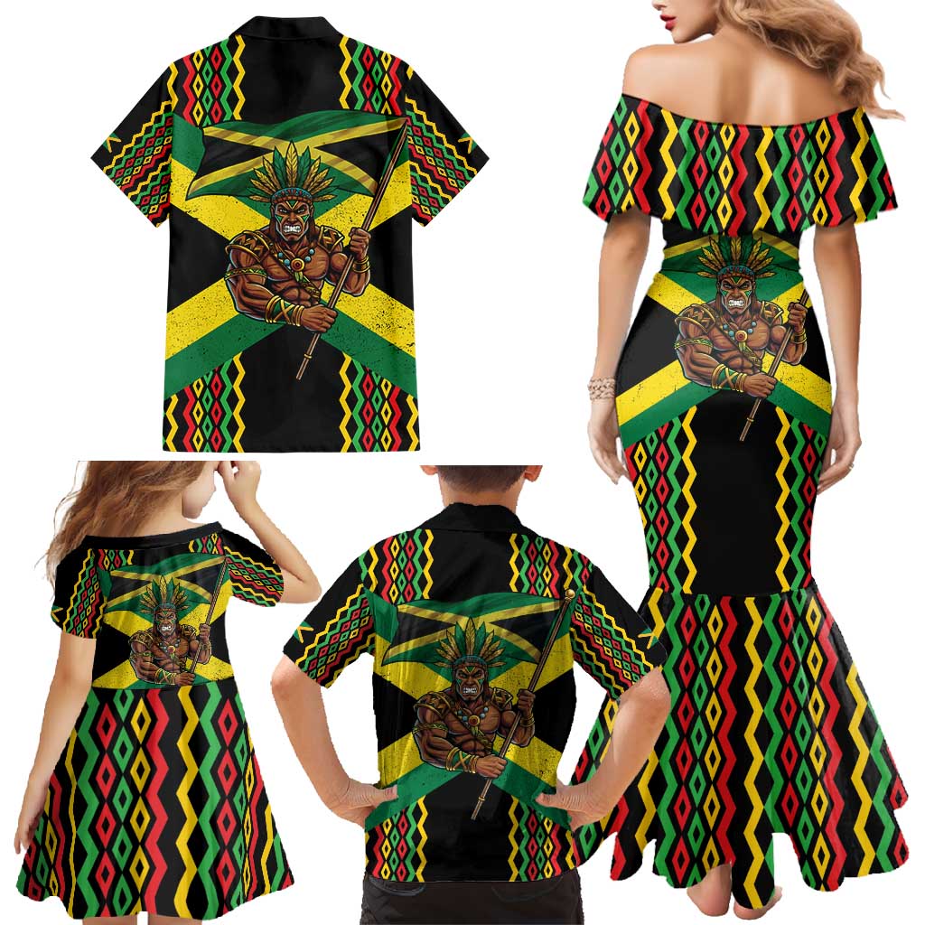 Jamaica Warrior Spirit Family Matching Mermaid Dress and Hawaiian Shirt Tribal Fighter in Reggae Colors - Wonder Print Shop