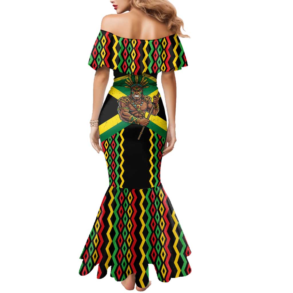 Jamaica Warrior Spirit Family Matching Mermaid Dress and Hawaiian Shirt Tribal Fighter in Reggae Colors - Wonder Print Shop