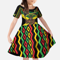 Jamaica Warrior Spirit Family Matching Off The Shoulder Long Sleeve Dress and Hawaiian Shirt Tribal Fighter in Reggae Colors - Wonder Print Shop