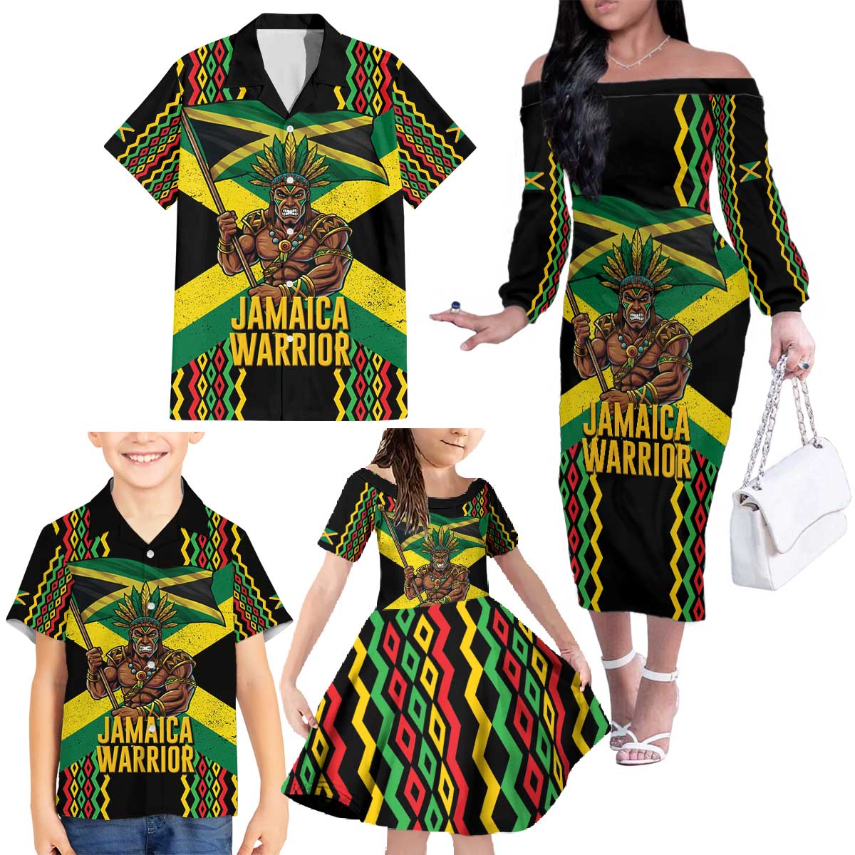 Jamaica Warrior Spirit Family Matching Off The Shoulder Long Sleeve Dress and Hawaiian Shirt Tribal Fighter in Reggae Colors - Wonder Print Shop