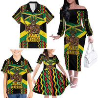 Jamaica Warrior Spirit Family Matching Off The Shoulder Long Sleeve Dress and Hawaiian Shirt Tribal Fighter in Reggae Colors - Wonder Print Shop