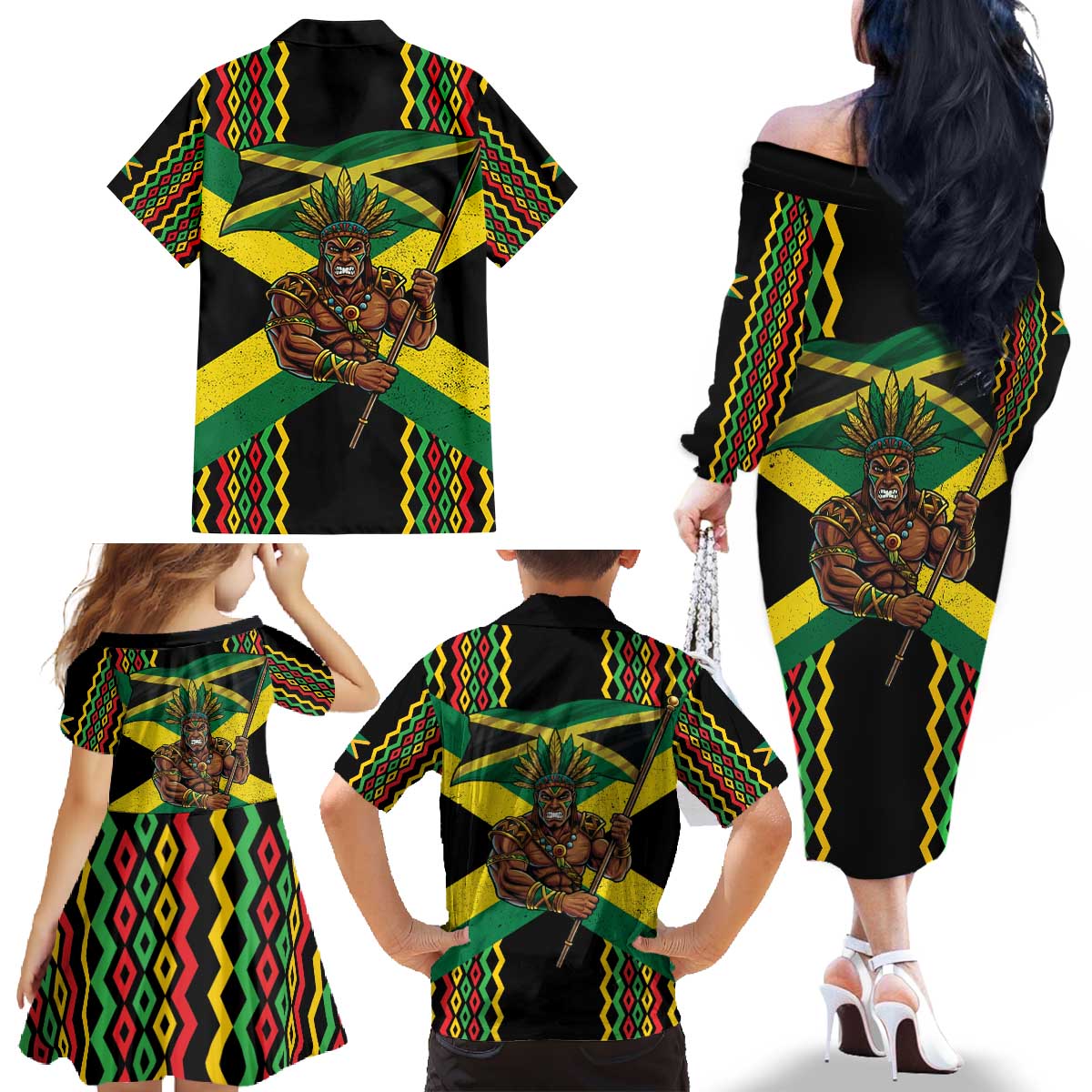 Jamaica Warrior Spirit Family Matching Off The Shoulder Long Sleeve Dress and Hawaiian Shirt Tribal Fighter in Reggae Colors - Wonder Print Shop