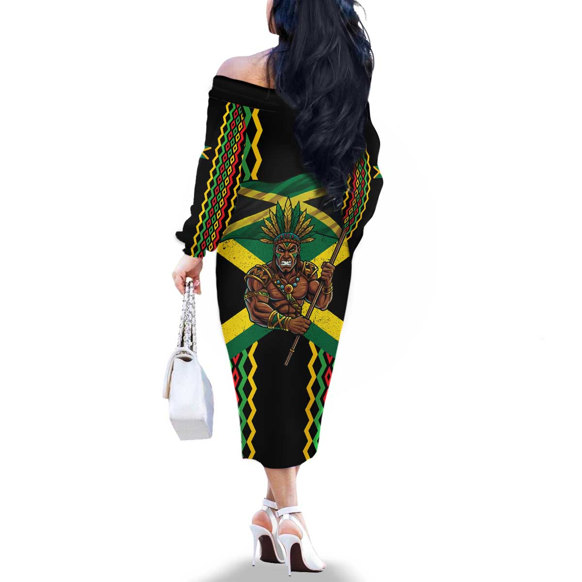Jamaica Warrior Spirit Family Matching Off The Shoulder Long Sleeve Dress and Hawaiian Shirt Tribal Fighter in Reggae Colors - Wonder Print Shop