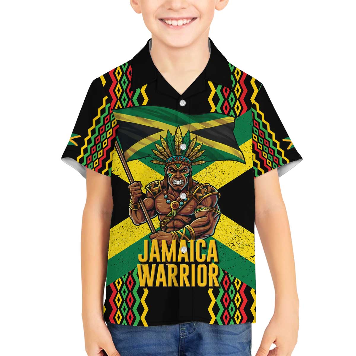 Jamaica Warrior Spirit Family Matching Off The Shoulder Long Sleeve Dress and Hawaiian Shirt Tribal Fighter in Reggae Colors - Wonder Print Shop