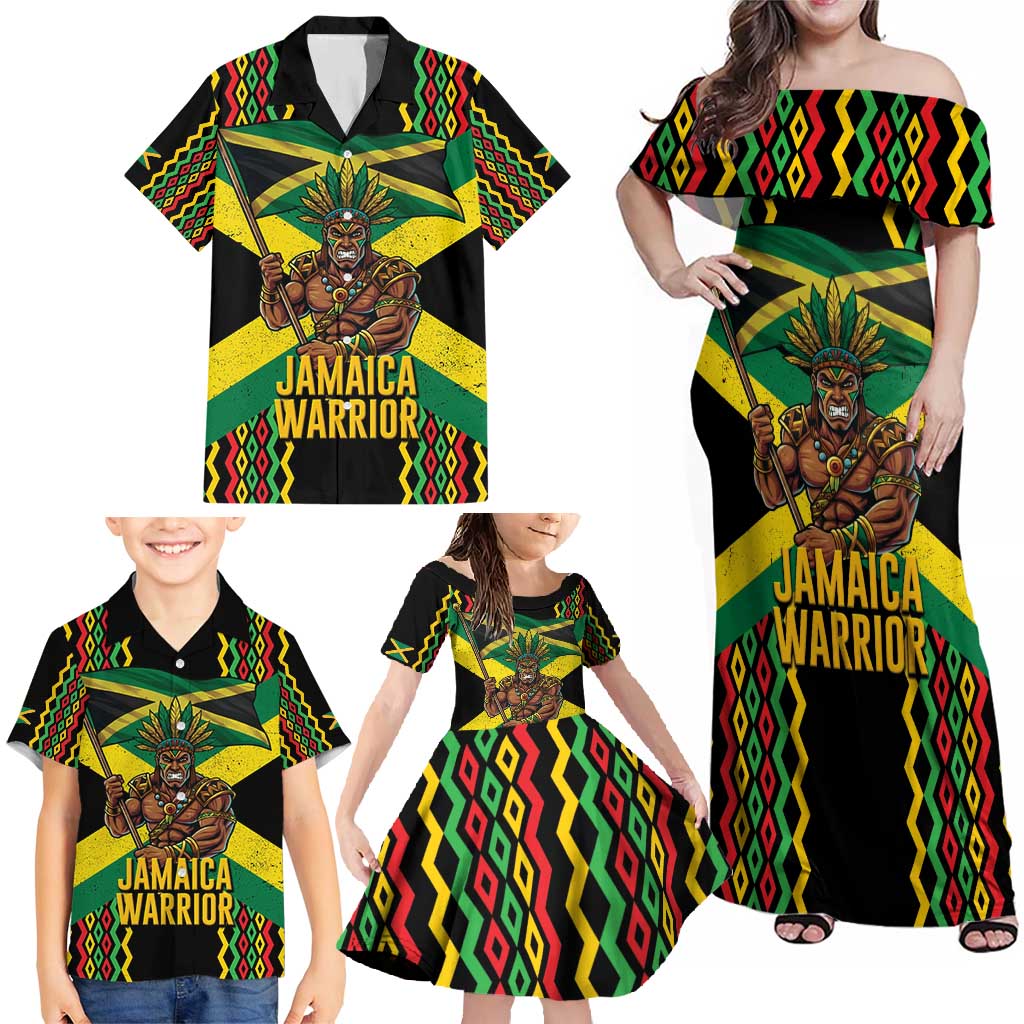 Jamaica Warrior Spirit Family Matching Off Shoulder Maxi Dress and Hawaiian Shirt Tribal Fighter in Reggae Colors - Wonder Print Shop