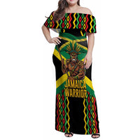 Jamaica Warrior Spirit Family Matching Off Shoulder Maxi Dress and Hawaiian Shirt Tribal Fighter in Reggae Colors - Wonder Print Shop