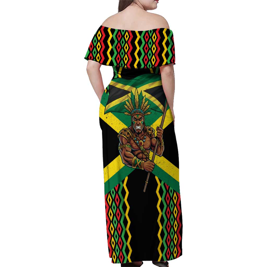 Jamaica Warrior Spirit Family Matching Off Shoulder Maxi Dress and Hawaiian Shirt Tribal Fighter in Reggae Colors - Wonder Print Shop