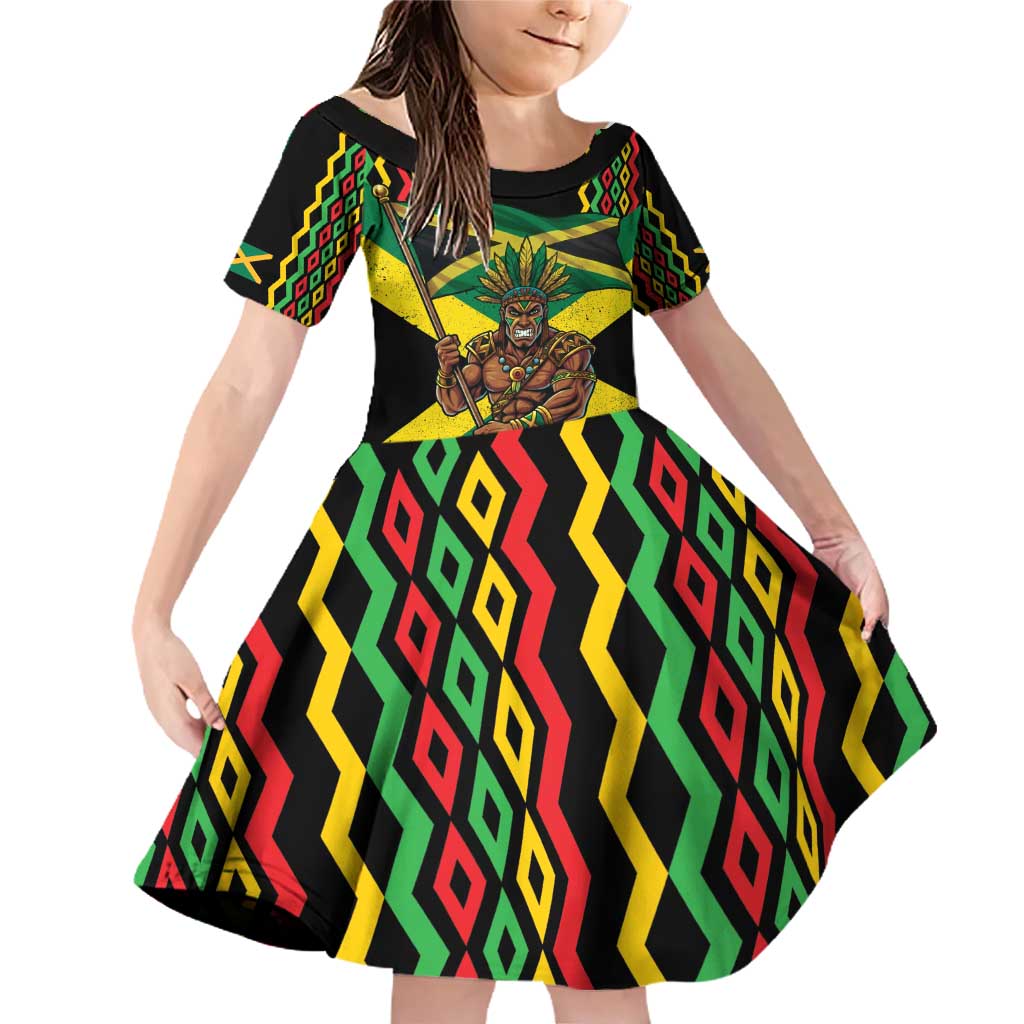 Jamaica Warrior Spirit Family Matching Off Shoulder Short Dress and Hawaiian Shirt Tribal Fighter in Reggae Colors - Wonder Print Shop