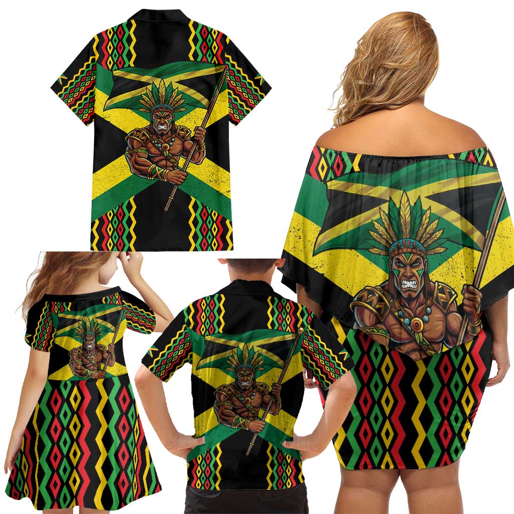 Jamaica Warrior Spirit Family Matching Off Shoulder Short Dress and Hawaiian Shirt Tribal Fighter in Reggae Colors - Wonder Print Shop