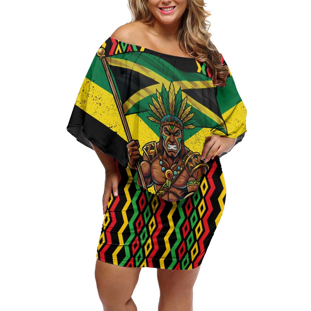 Jamaica Warrior Spirit Family Matching Off Shoulder Short Dress and Hawaiian Shirt Tribal Fighter in Reggae Colors - Wonder Print Shop