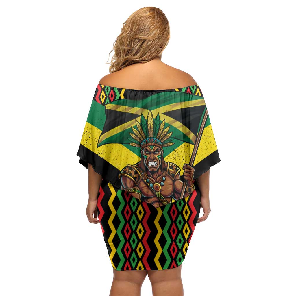 Jamaica Warrior Spirit Family Matching Off Shoulder Short Dress and Hawaiian Shirt Tribal Fighter in Reggae Colors - Wonder Print Shop