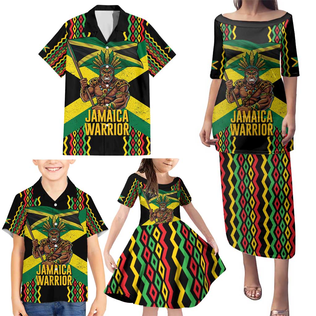 Jamaica Warrior Spirit Family Matching Puletasi and Hawaiian Shirt Tribal Fighter in Reggae Colors - Wonder Print Shop