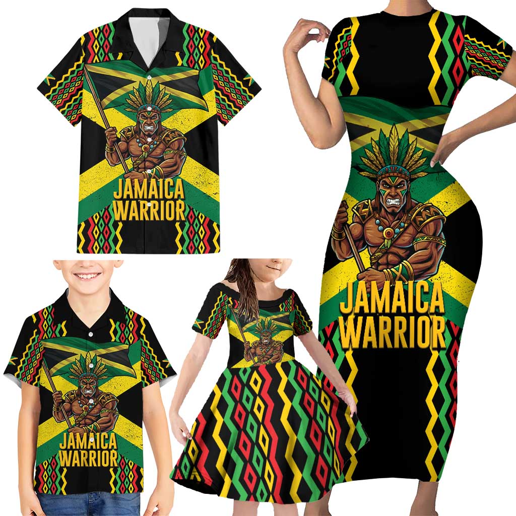 Jamaica Warrior Spirit Family Matching Short Sleeve Bodycon Dress and Hawaiian Shirt Tribal Fighter in Reggae Colors - Wonder Print Shop
