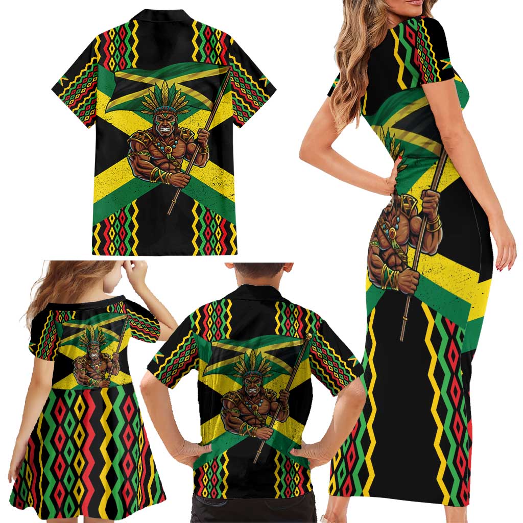 Jamaica Warrior Spirit Family Matching Short Sleeve Bodycon Dress and Hawaiian Shirt Tribal Fighter in Reggae Colors - Wonder Print Shop